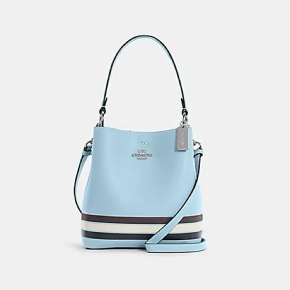 Coach Small Town Bucket Blue Pebble Leather Stripe Women Crossbody Shoulder Bag - Picture 9 of 9
